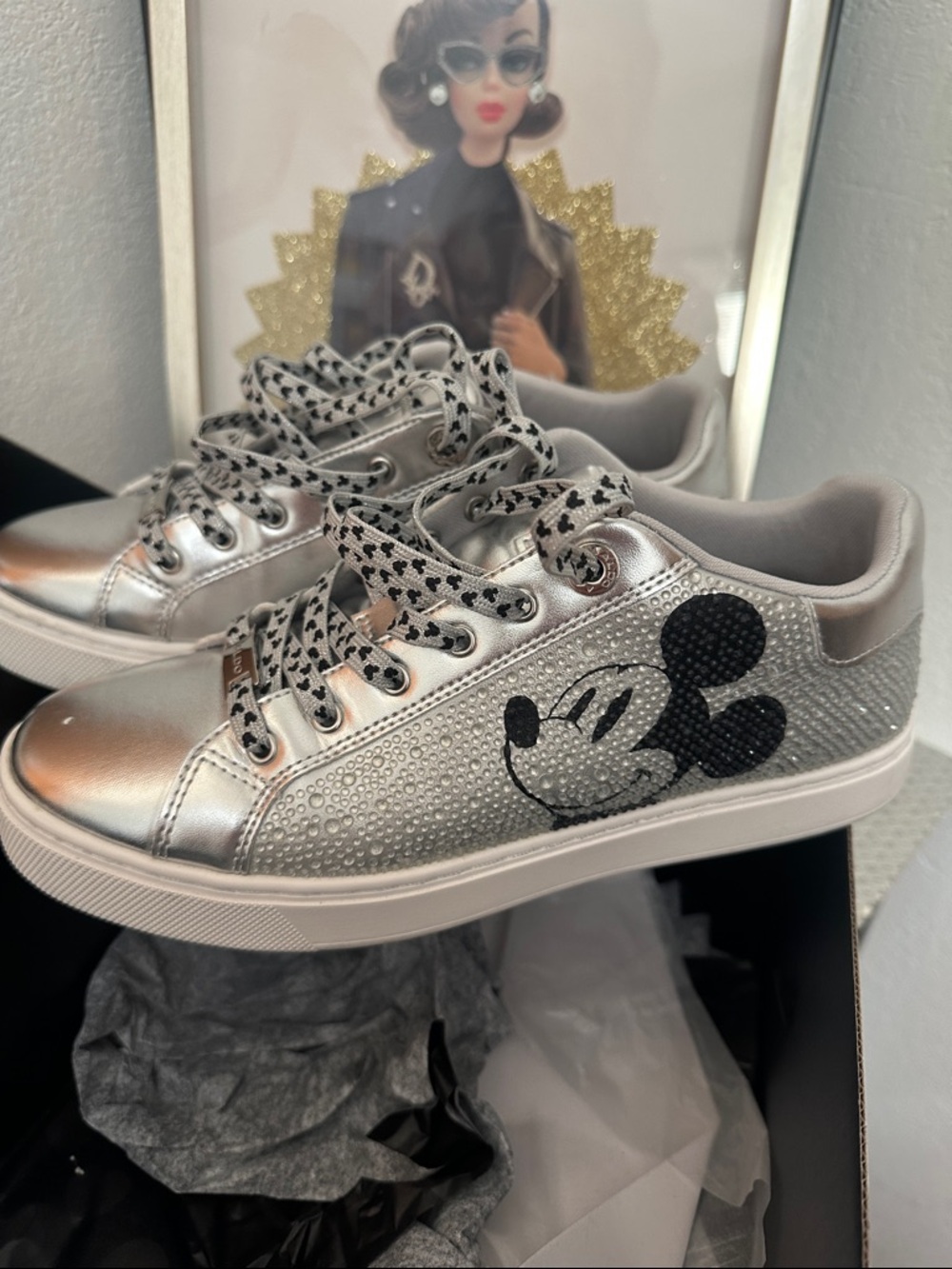 Aldo Silver Metallic Disney 100 Collection Mickey Accent Sneakers EUC